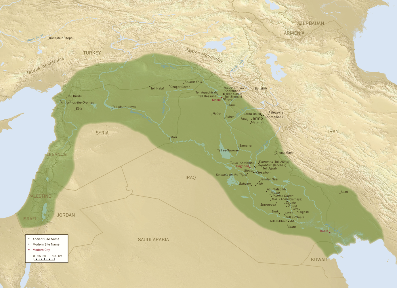 Map of the Fertile Crescent arcing from the Levant through northern Syria and southern Türkiye into Mesopotamia, with Antioch-on-the-Orontes marked at the Mediterranean edge